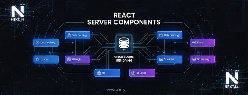 Next.js 14 logo with App Router and Server Components illustration.