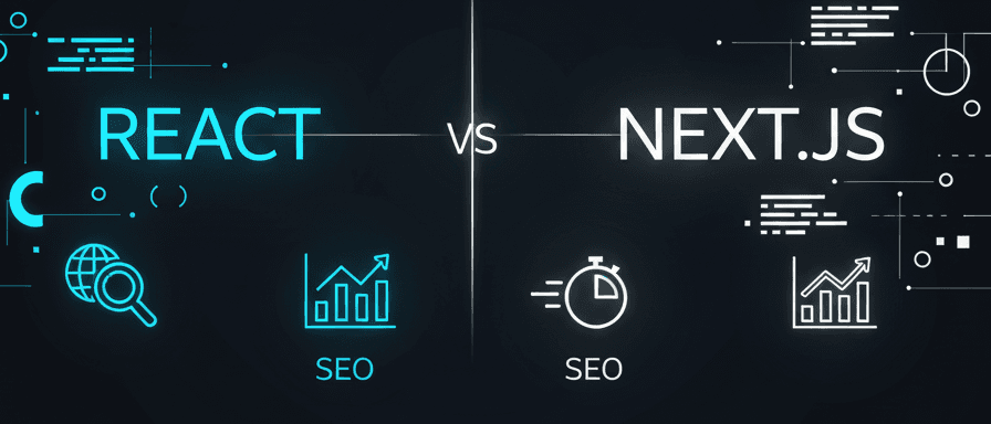 React vs Next.js logos facing each other with SEO optimization icons and performance graphs.