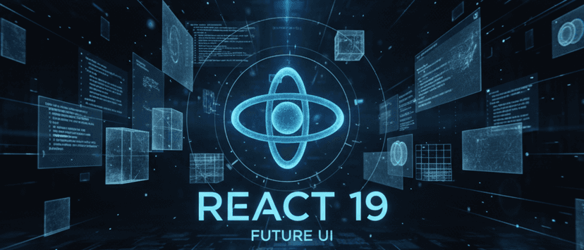 React 19 logo surrounded by new feature icons like Server Components, Actions, and useOptimistic.