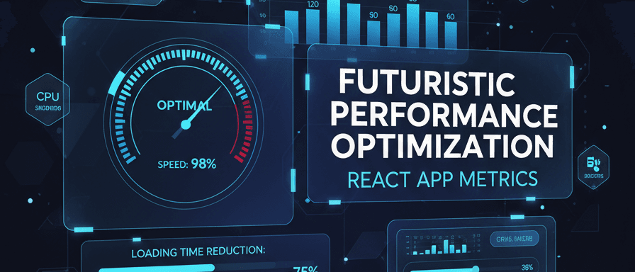 React logo with performance and speed optimization visuals like gears and lightning icons.
