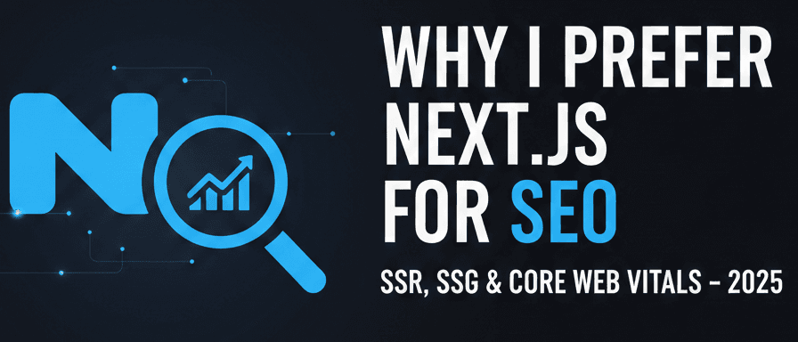 Next.js logo with a search engine optimization (SEO) magnifying glass icon, symbolizing performance.