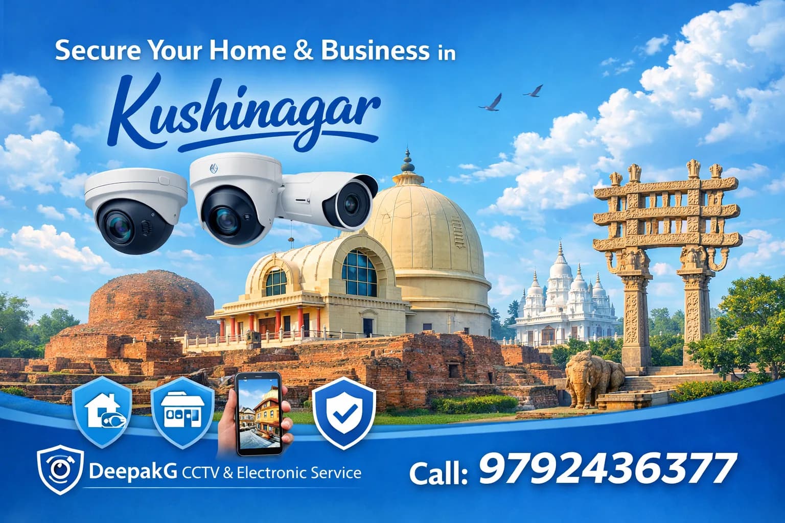 Modern CCTV cameras installed in a home and shop for security monitoring in kushinagar.