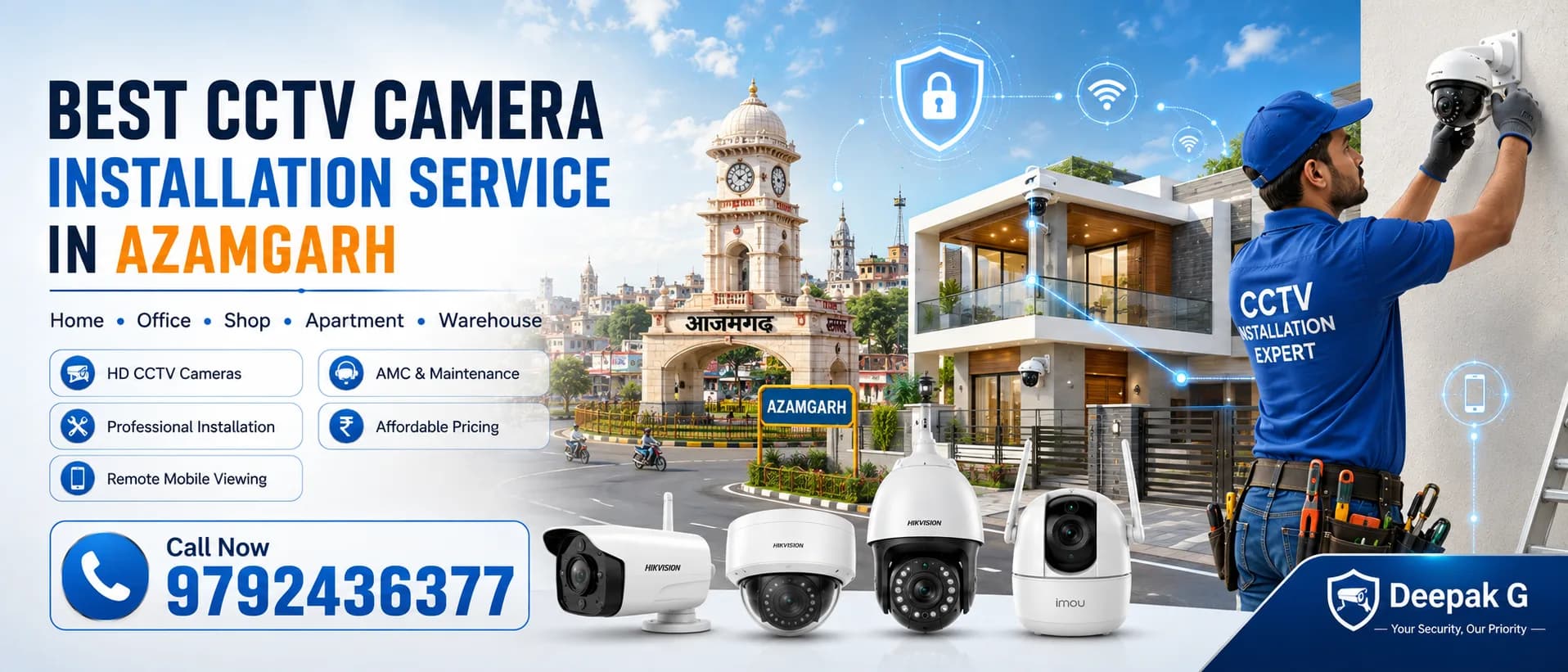 Azamgarh mein CCTV camera installation dikhata hua illustration, showroom aur ghar ki security ke saath