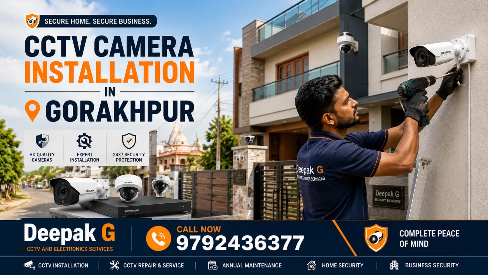 Technician installing a bullet CCTV camera at the main gate of a house in Gorakhpur, Uttar Pradesh