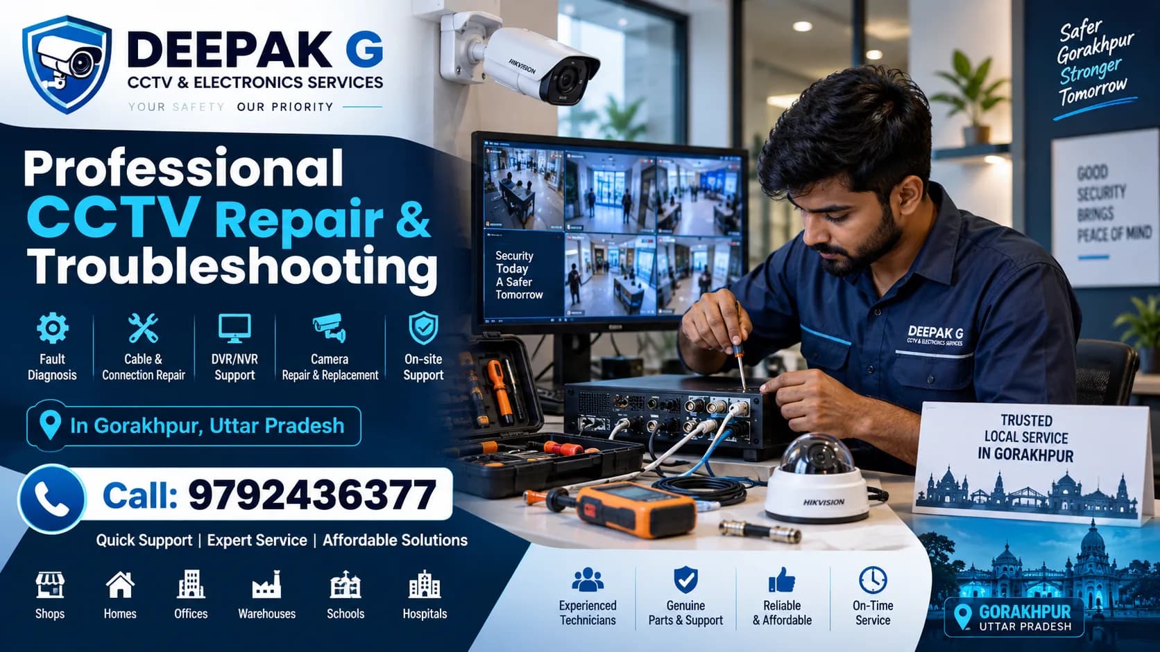 CCTV technician checking a DVR and camera cable connections during a repair visit in Gorakhpur, Uttar Pradesh